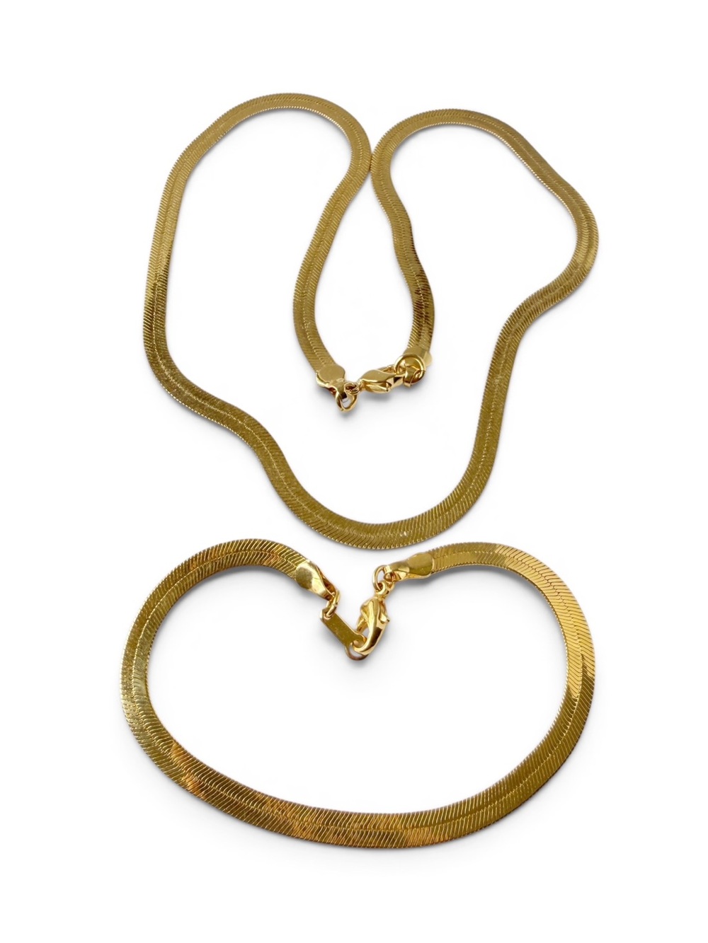 Polished Goldtone Flat Herringbone Chain Necklace and Bracelet Set
